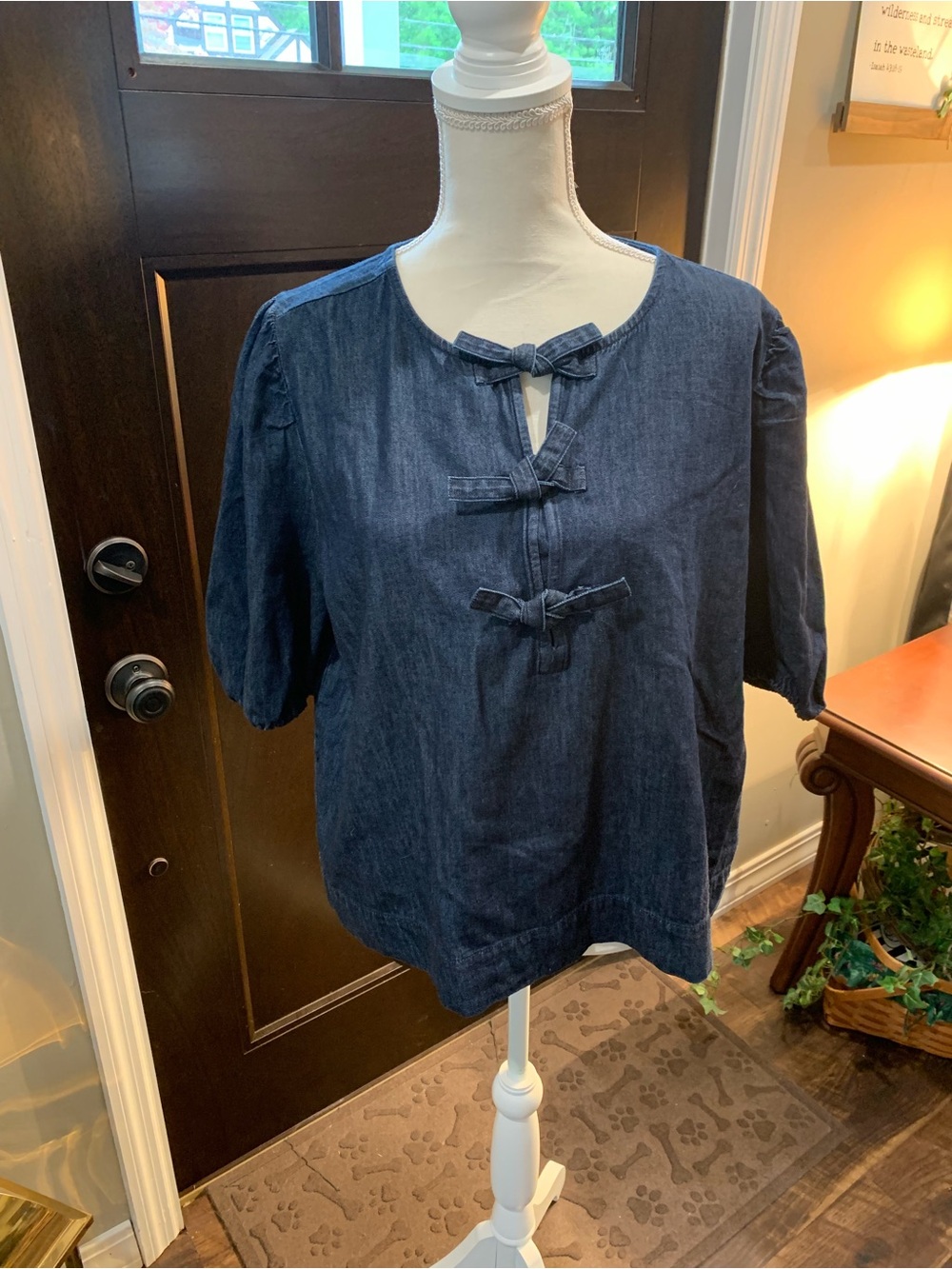 LOFT Navy Denim Tie-Detail Short Sleeve Blouse